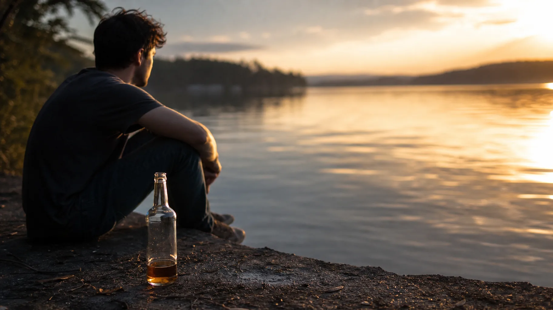 Man sitting alone by a lake at sunset with a bottle beside him