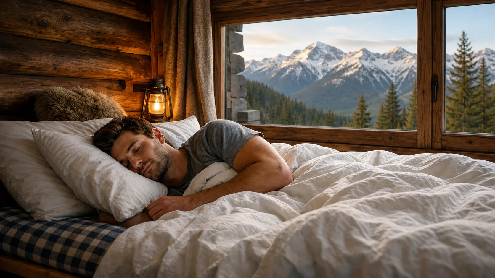 Man sleeping peacefully in a cabin bed, misty mountains visible through the window
