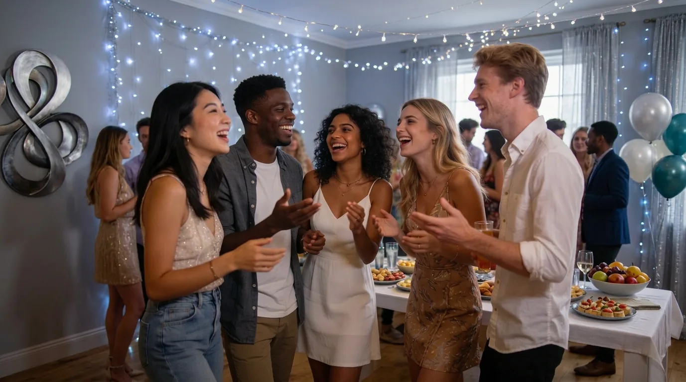 Friends laughing together at a warmly lit gathering