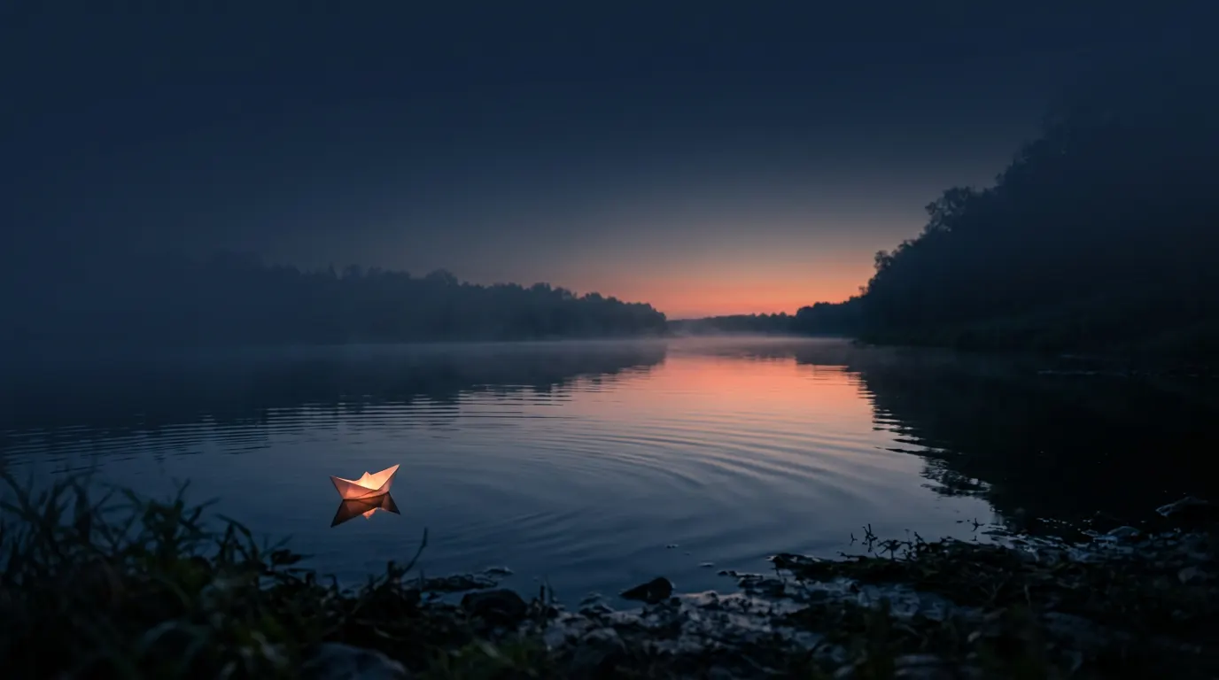 Glowing paper boat floating on a calm misty river at dusk