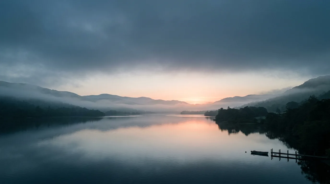Misty lake at dawn with fog settling over the surrounding hills