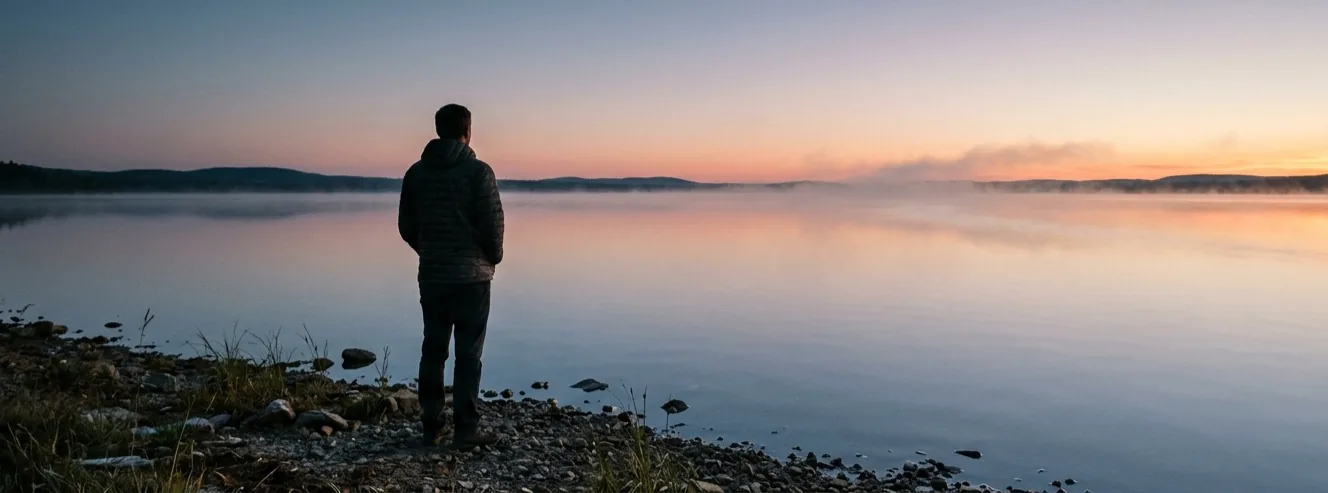 Person standing at a lakeshore at dawn, looking toward the horizon