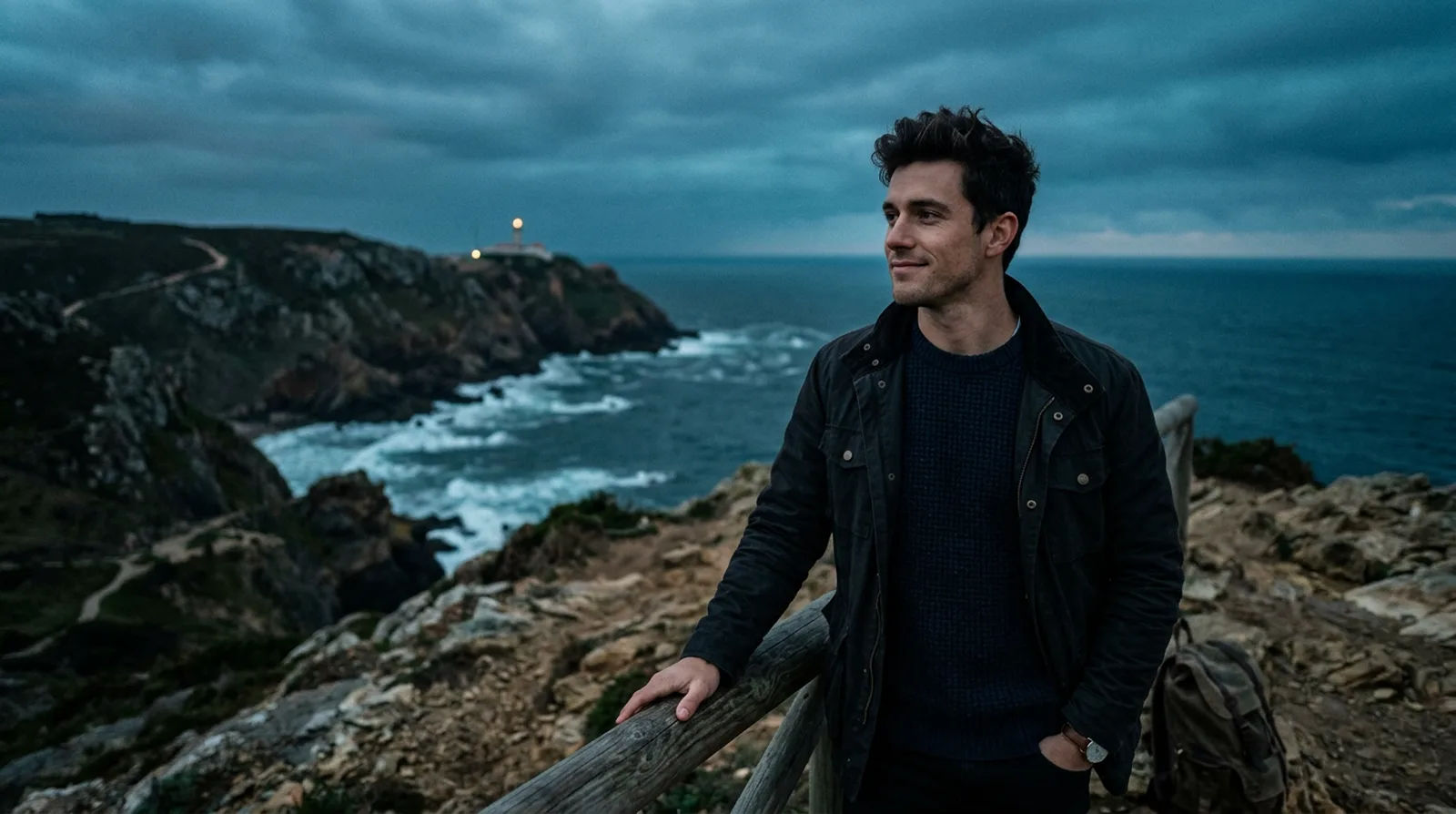 A man at a coastal overlook at dusk, looking toward a distant lighthouse