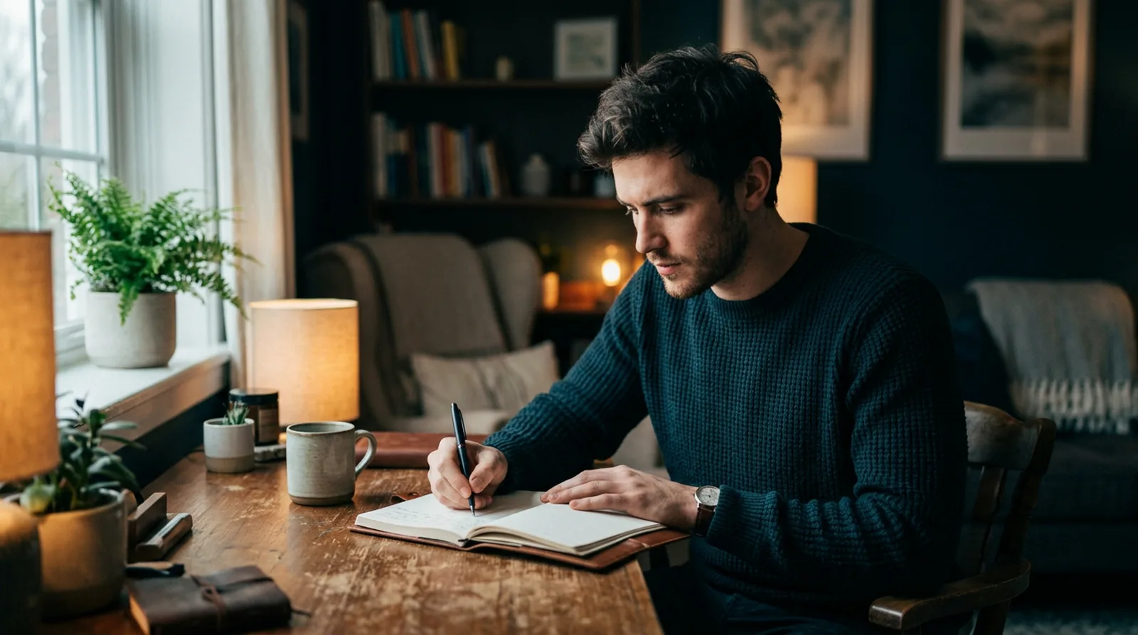 Man writing in a journal at a warm desk by a window