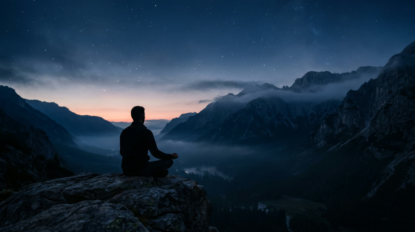 Person meditating on a cliff at dusk above misty mountains